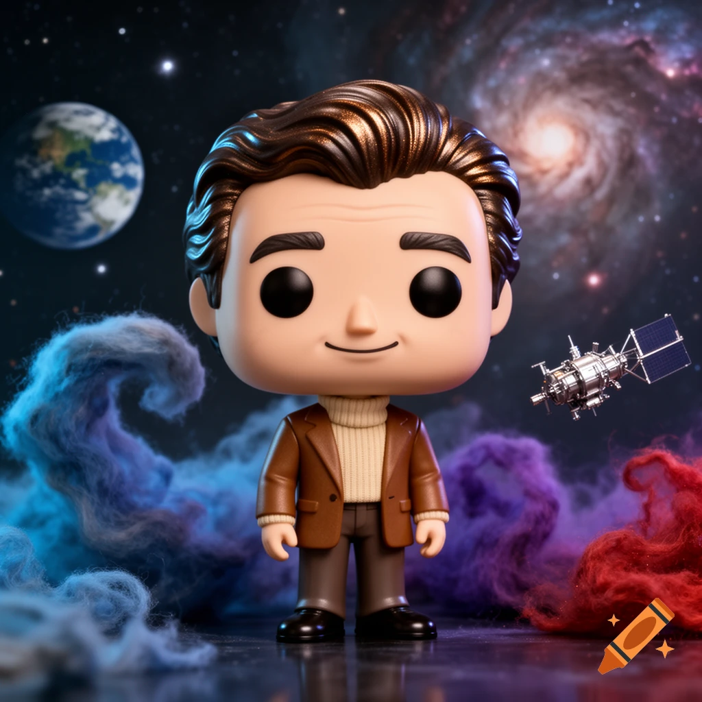 A 3D rendered Funko Pop-style figure of Carl Sagan in a brown jacket and turtleneck, standing in space with Earth, a galaxy, and a satellite.