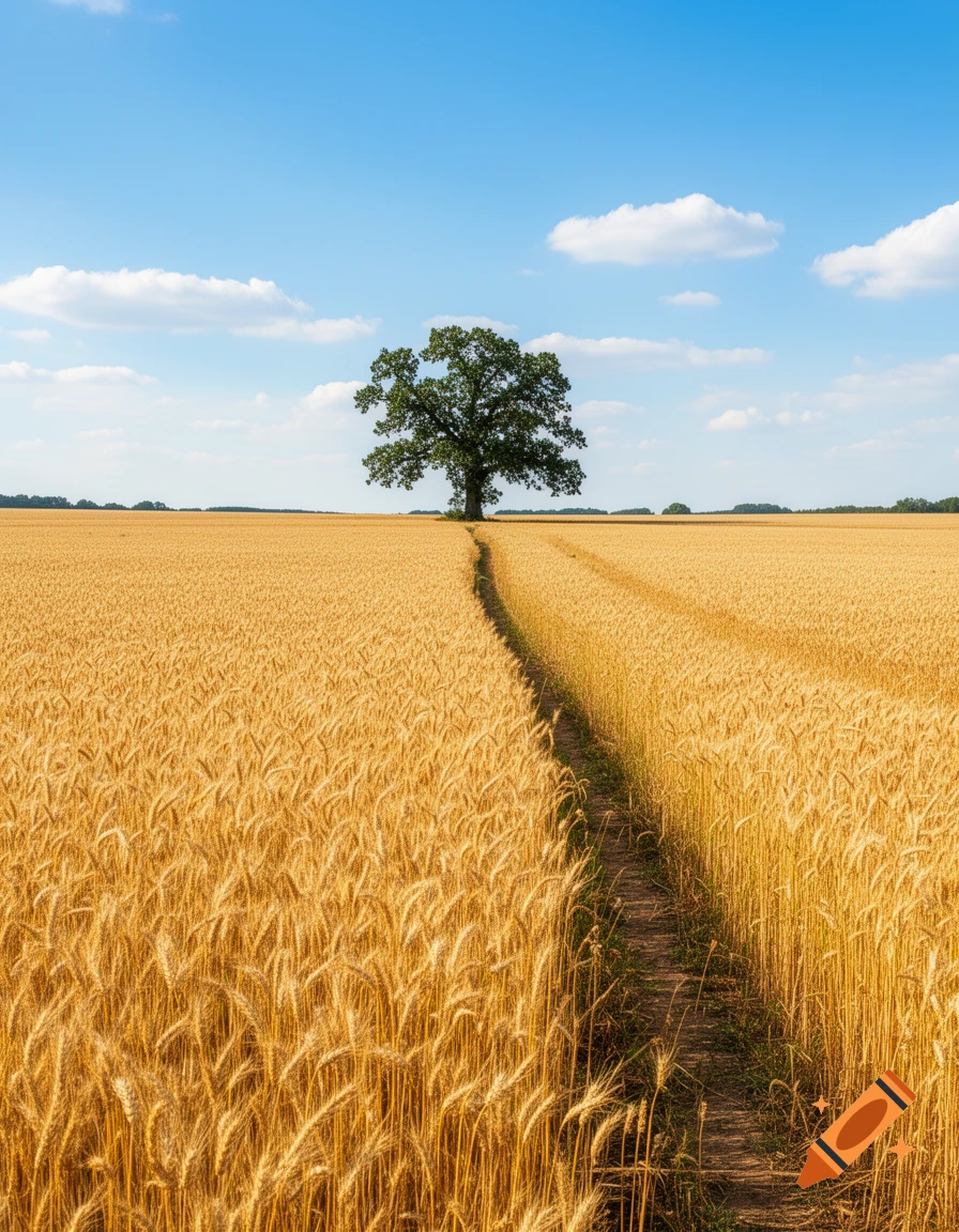 A solitary tree in a golden wheat field with a dirt path leading to it under a blue sky with scattered clouds.