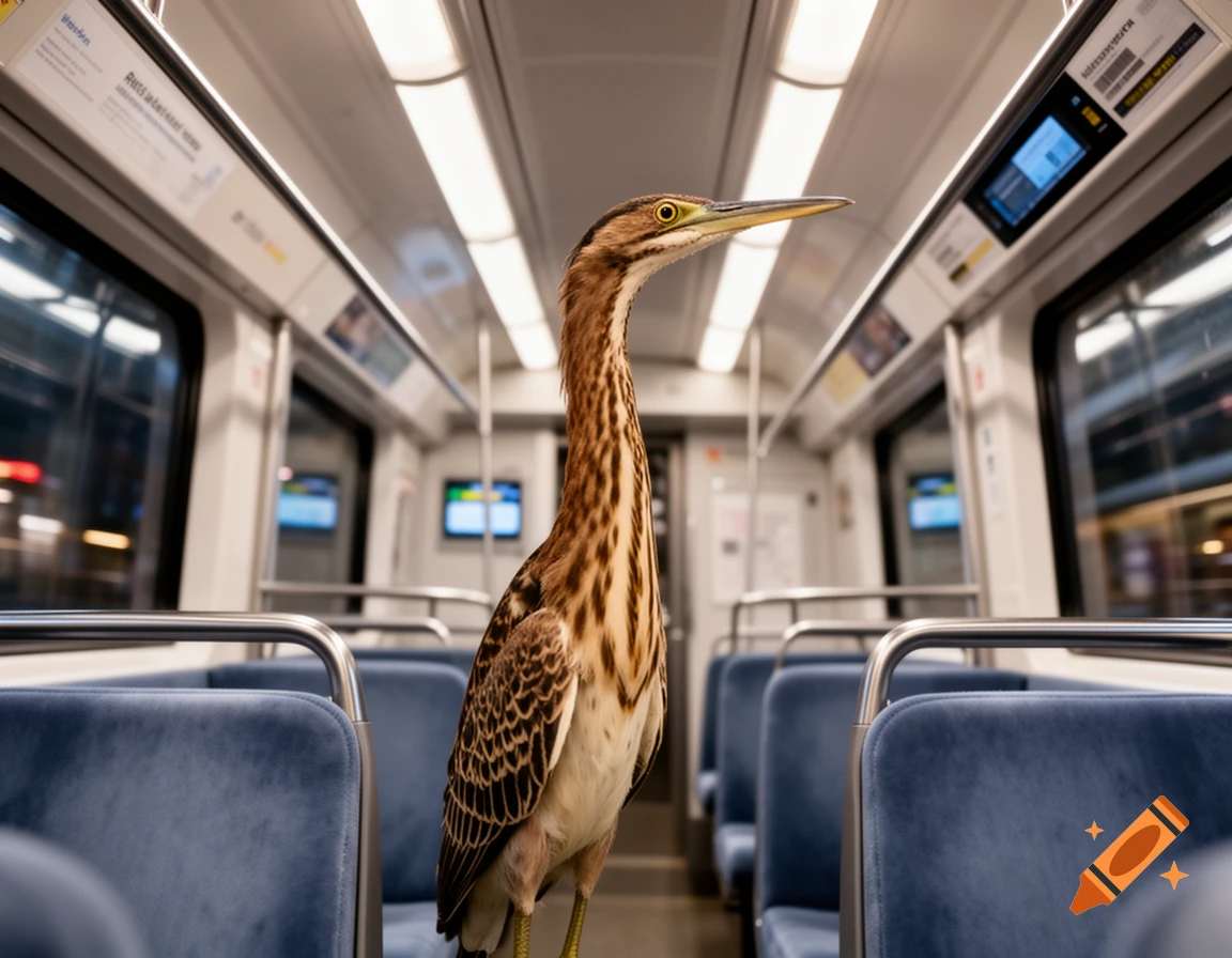 A photorealistic image of a bittern standing in the aisle of an empty modern train car, looking to the right.