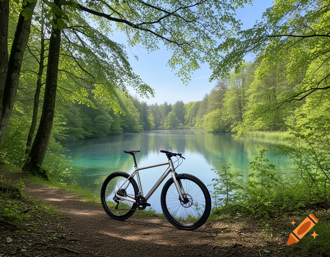 A silver bicycle rests on a dirt path next to a clear turquoise lake, surrounded by lush green trees under a bright blue sky.