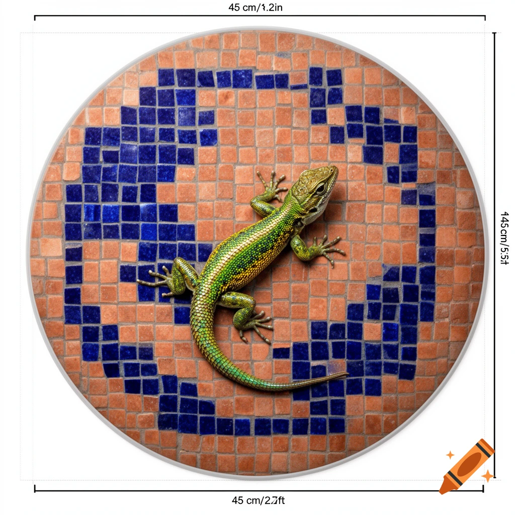 Green and yellow gecko lizard on a round mosaic design with blue and terracotta squares.