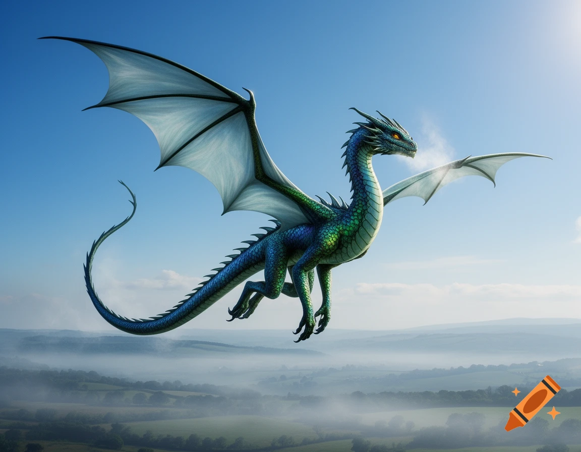 A majestic blue-green dragon with large wings flies across a bright blue sky above a misty, rolling green landscape.