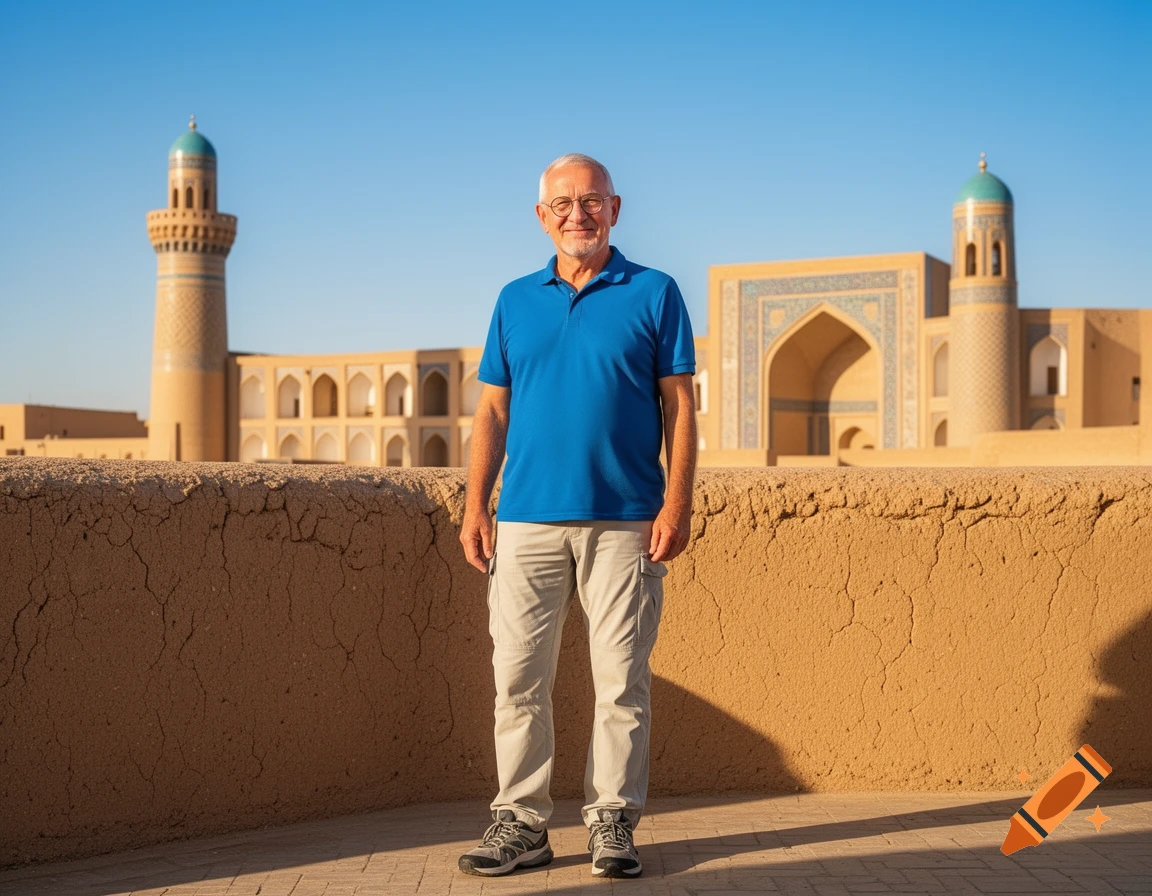 An older man with gray hair, glasses, and a blue polo shirt stands smiling in front of an ornate Islamic college building under a clear blue sky.