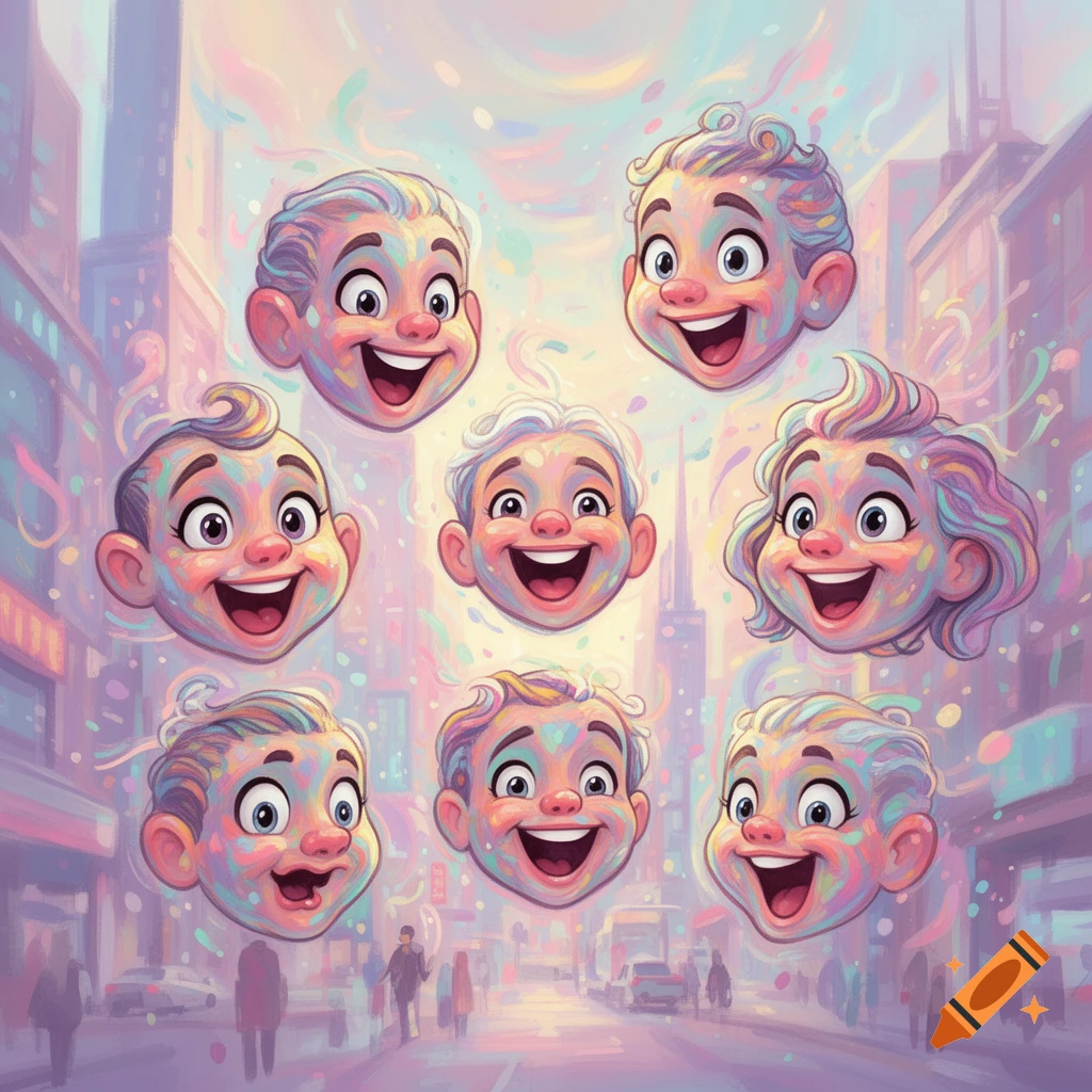Seven colorful, laughing cartoon faces float above a pastel city street. Illustrative style.