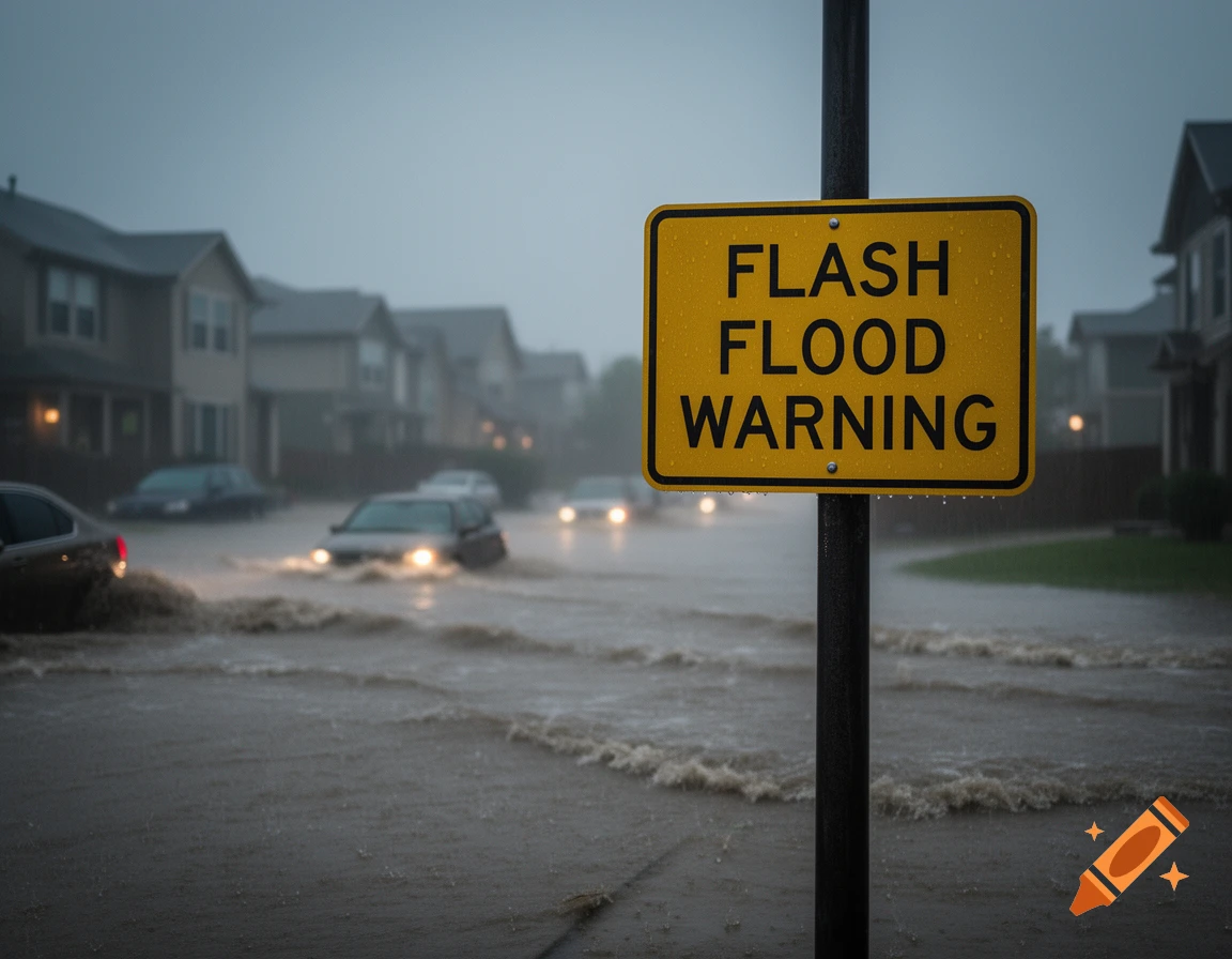 A yellow sign reads "FLASH FLOOD WARNING" on a pole beside a street with cars driving through deep floodwaters in a suburban neighborhood, under a dark, cloudy sky.