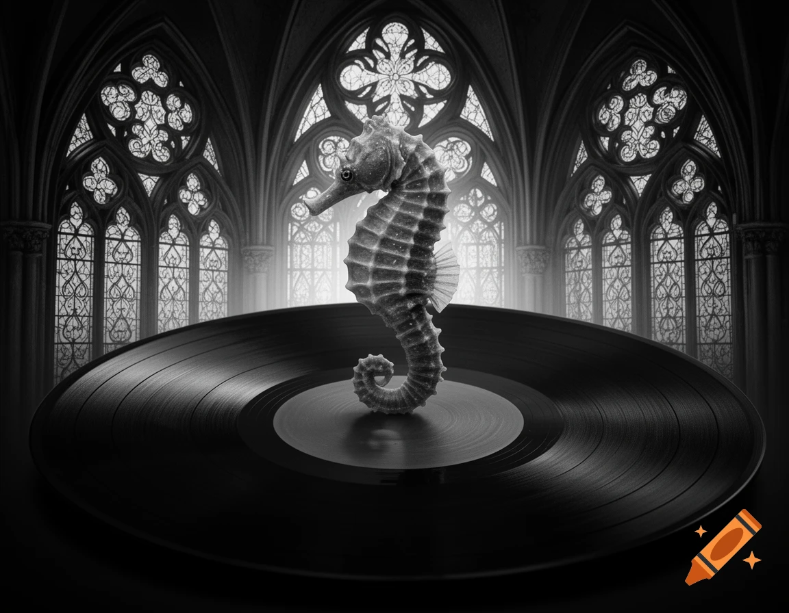 A photorealistic, black and white image of a seahorse standing on a glossy vinyl record, with intricate gothic windows in the background.