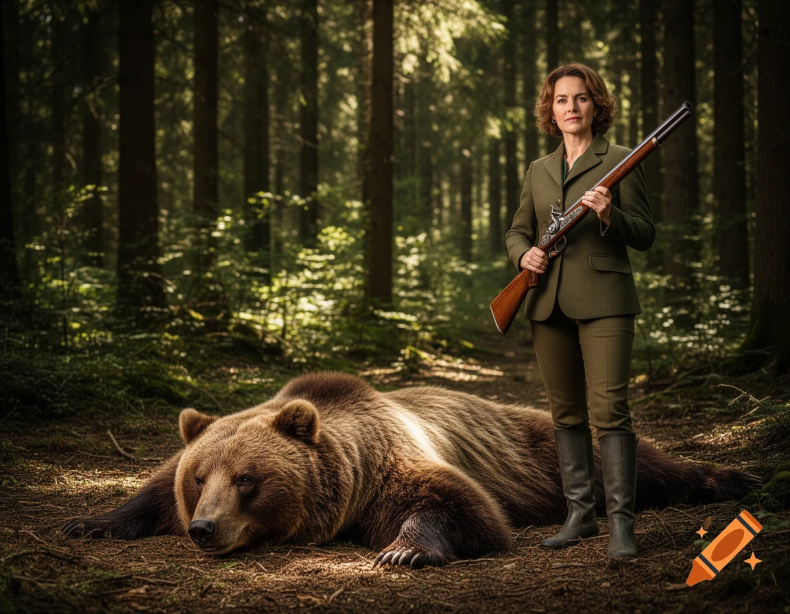 A woman in a green suit stands in a forest, holding a rifle next to a large brown bear lying on the ground.