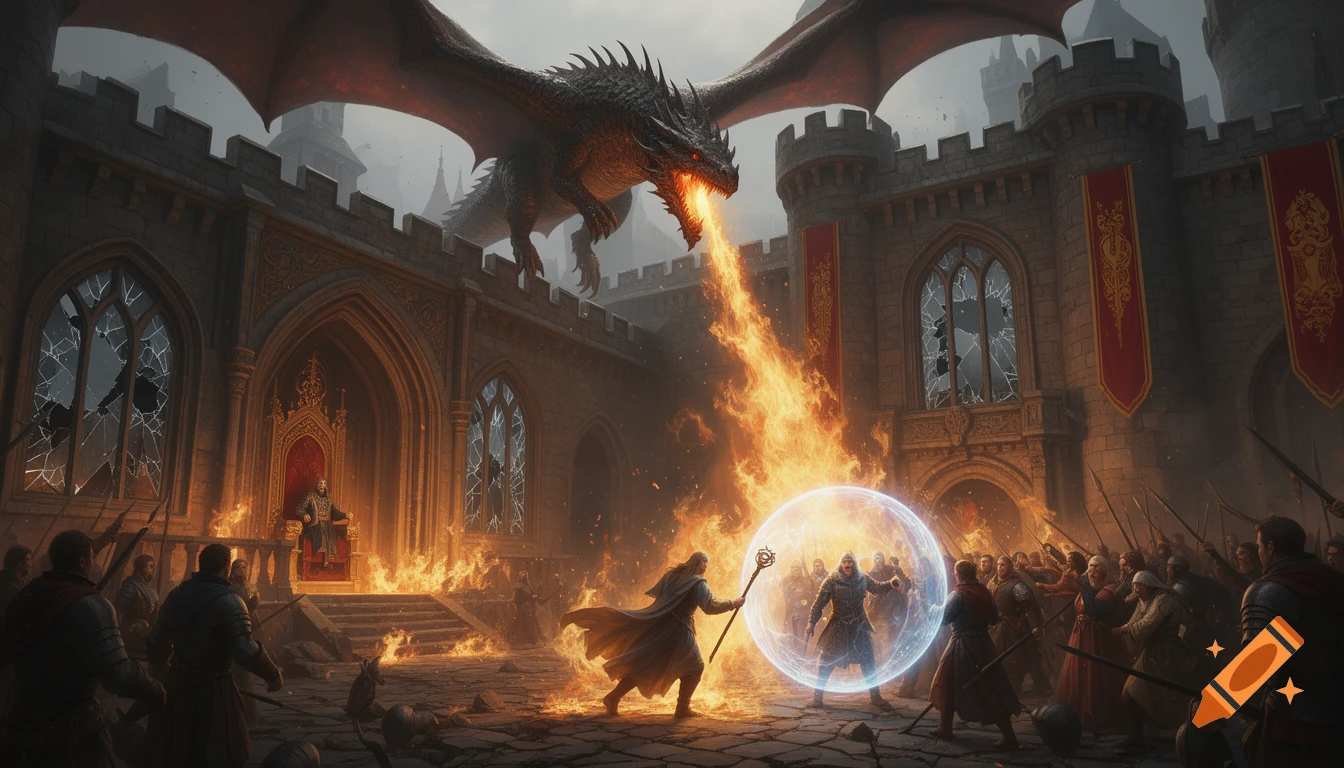 A fantasy scene with a dragon breathing fire into a castle courtyard. A wizard conjures a shield to protect knights and villagers as a king watches.