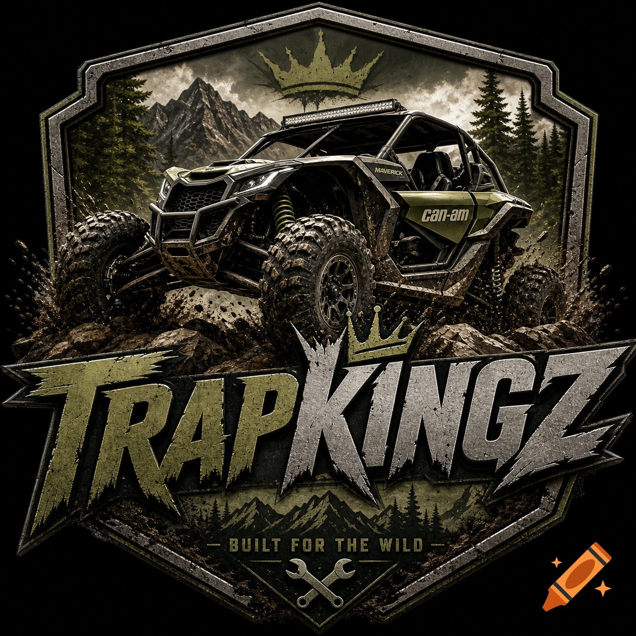 A rugged logo featuring a green Can-Am Maverick off-road vehicle kicking up mud, framed by mountains and trees. Text reads 'TRAPKINGZ' and 'BUILT FOR THE WILD'.