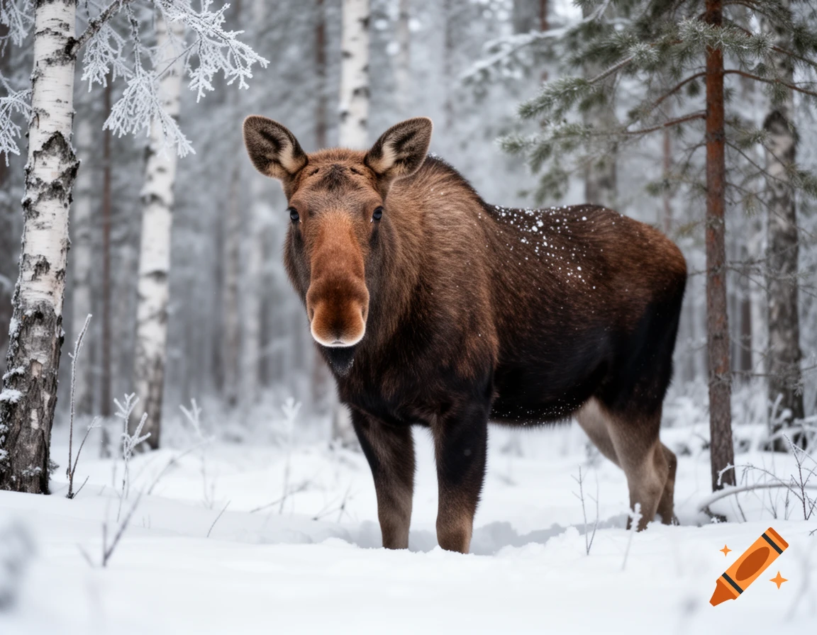 A photorealistic image of a moose standing in a snowy forest, looking directly at the viewer with snow on its back.