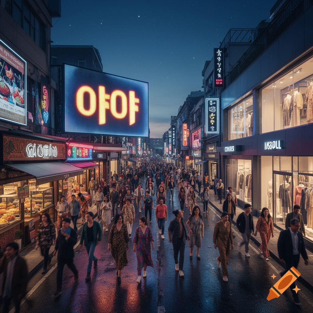 A busy night market street in an Asian city, with many people walking under glowing neon signs and reflections on the wet ground.