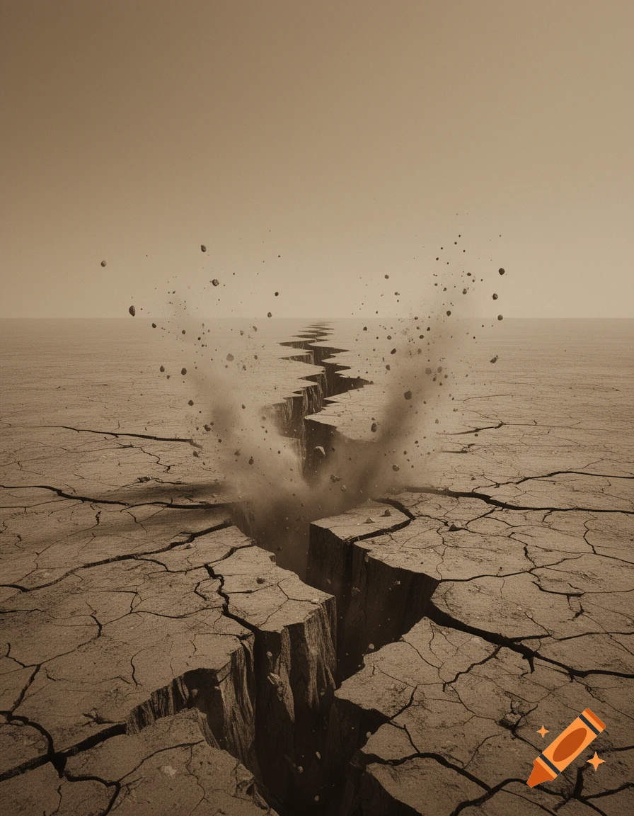 An illustration of a large earthquake cracking dry, barren ground, with dust and rocks exploding upwards.