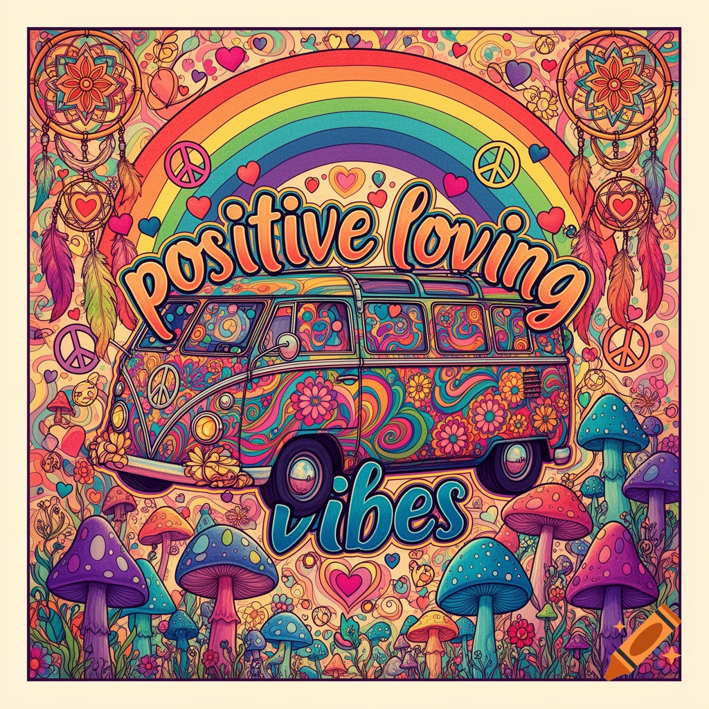 A vibrant, psychedelic hippie poster featuring a colorful peace van, large mushrooms, a rainbow, and dreamcatchers, with the text 'positive loving vibes'.