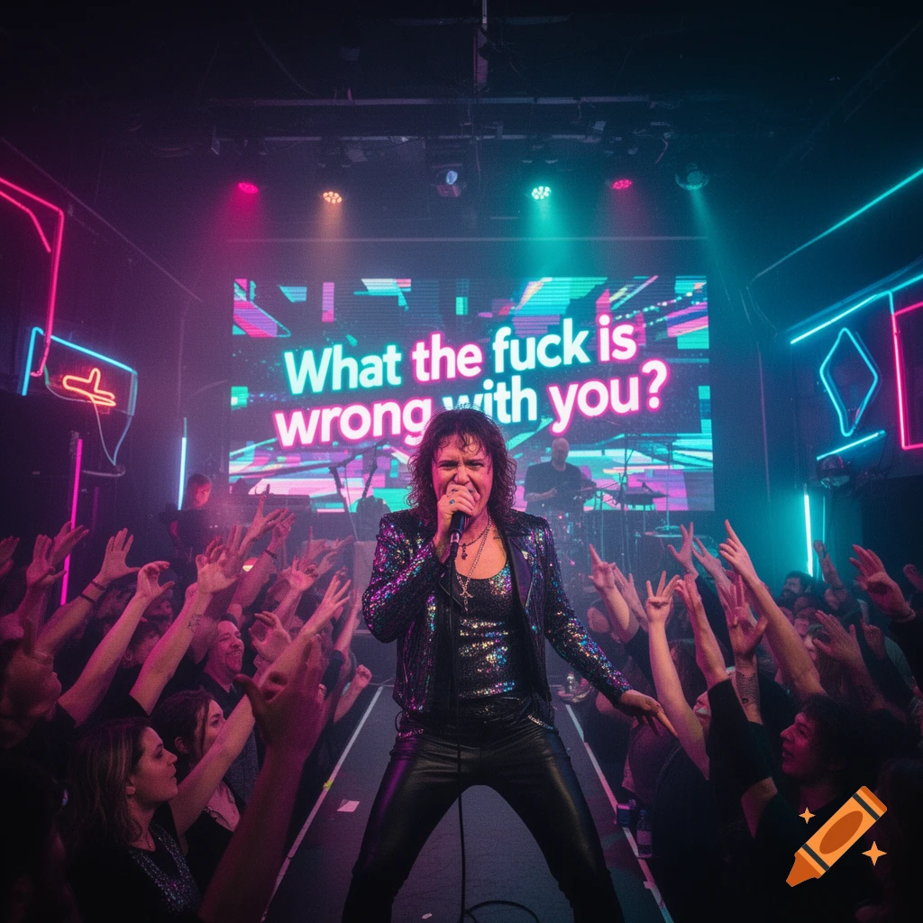 A singer with curly dark hair and a sequined jacket performs on stage, holding a microphone. Behind them, a large screen displays the text "What the fuck is wrong with you?" in bright neon colors. A crowd with hands raised is visible in the foreground under blue and pink stage lights.