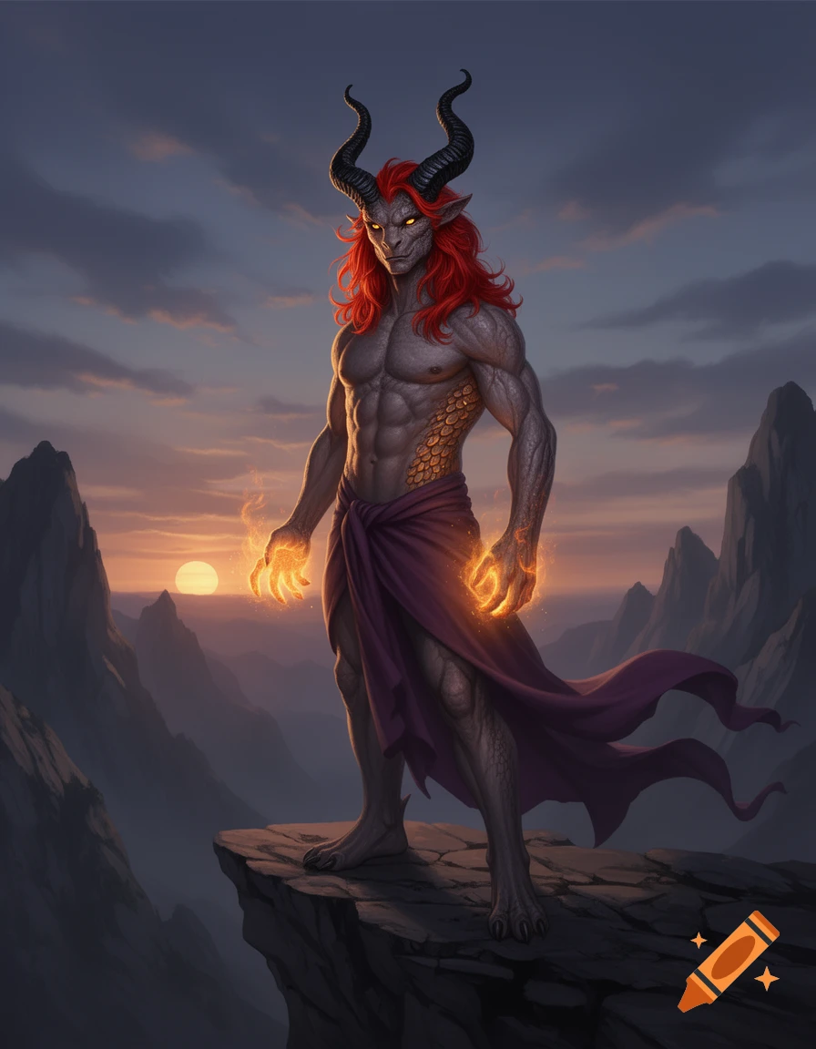 A muscular, red-haired dragon-kin with black horns and glowing hands stands on a mountain peak at sunset.