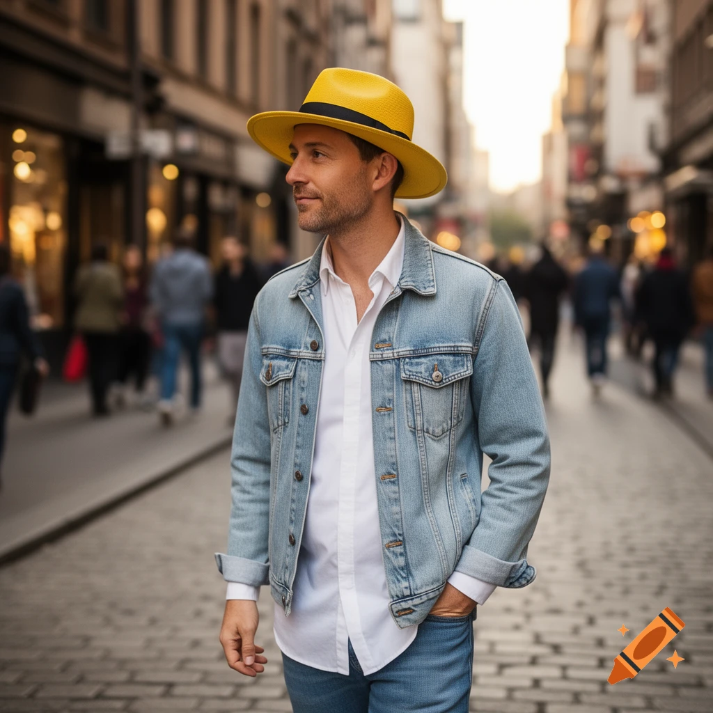 A man in a bright yellow fedora, white shirt, and denim jacket walks down a cobblestone city street.