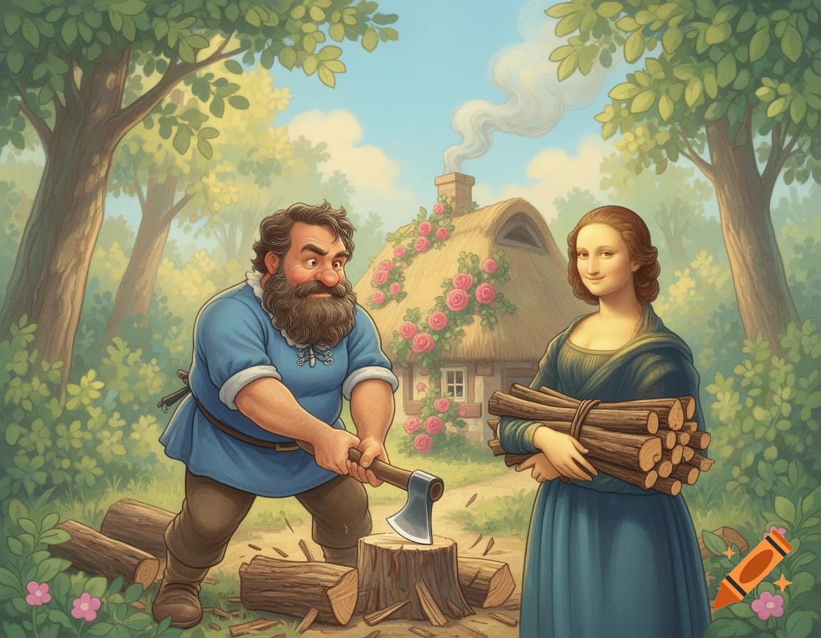 A bearded man chops wood with an axe beside a Mona Lisa-like woman holding logs, with a cottage in a forest, storybook illustration.