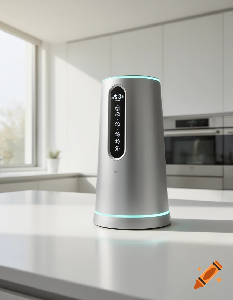 A sleek, silver smart home gadget with blue glowing lights, a digital screen, and buttons, on a white kitchen counter.