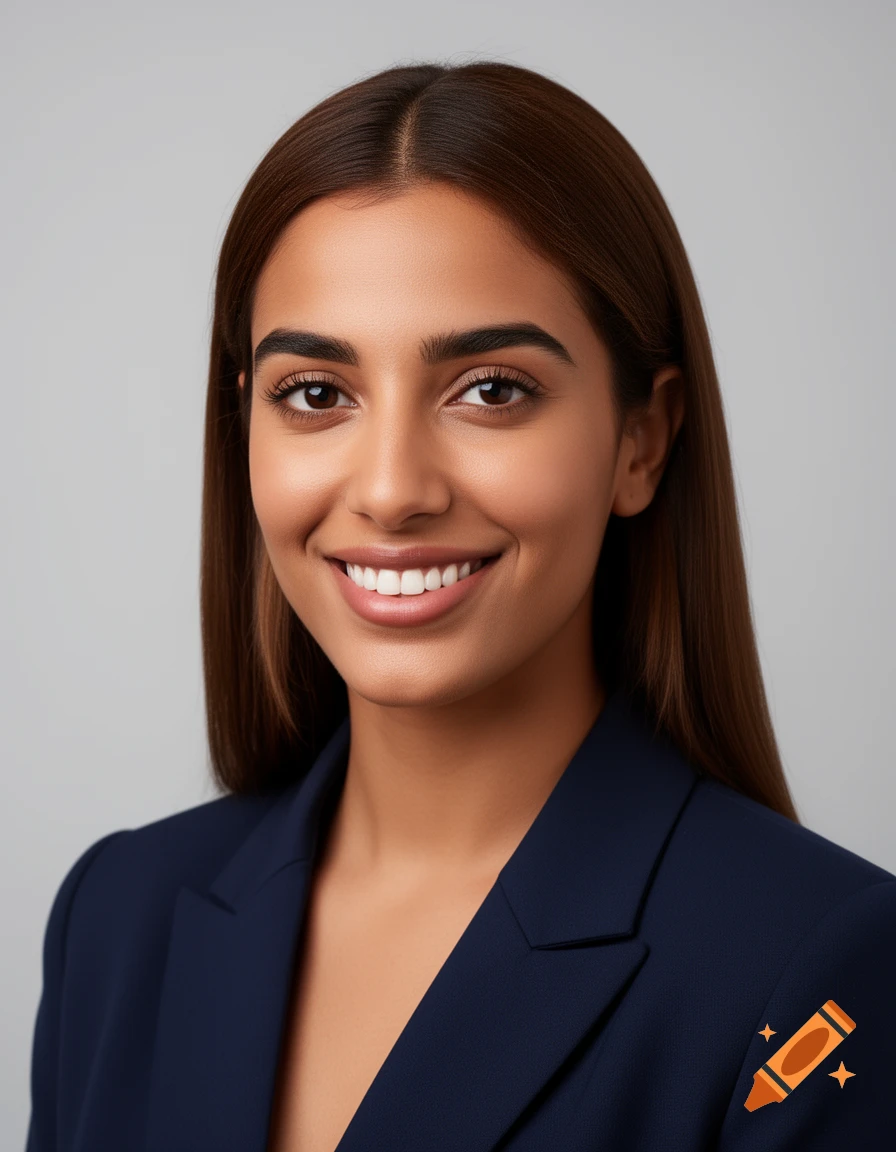 Professional headshot of a smiling young North African businesswoman in a navy blazer against a grey background.