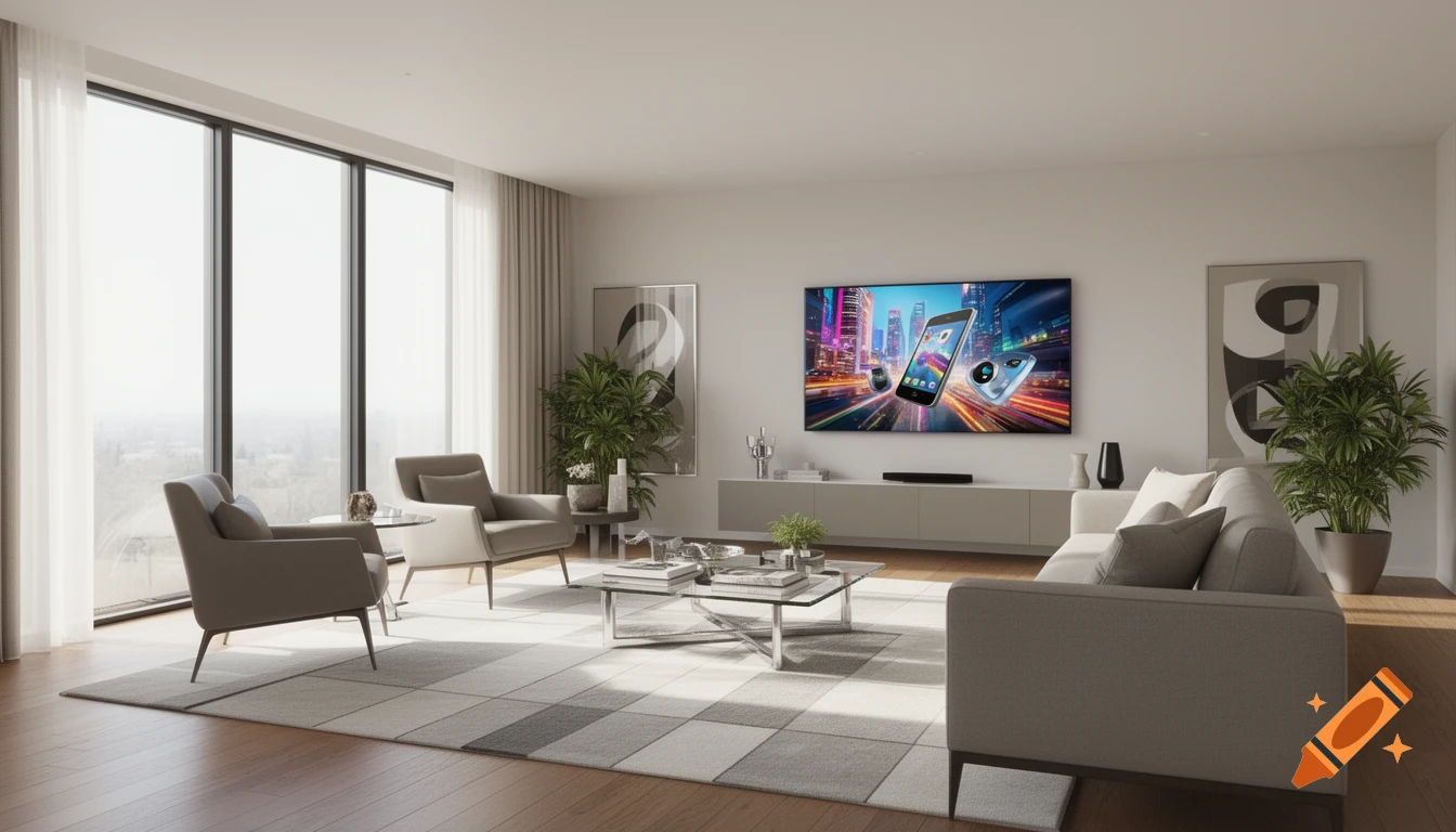 A modern living room with large windows, light gray furniture, a checkered rug, and a TV displaying a commercial for smart devices.