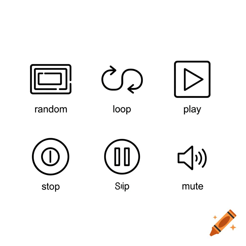 Six black outline media player icons on white: random, loop, play, stop, a pause icon labeled 'Siip', and mute.