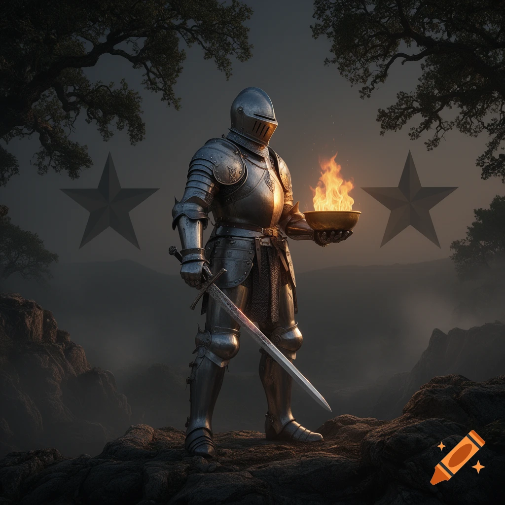 A knight in full plate armor stands on a rocky hill, holding a sword and a burning bowl, with two large stars in the smoky background.