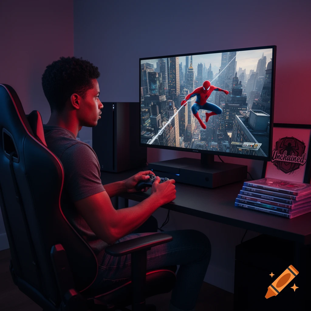A person sits in a gaming chair, playing Spider-Man 2 on a large monitor in a dimly lit room with red lighting.
