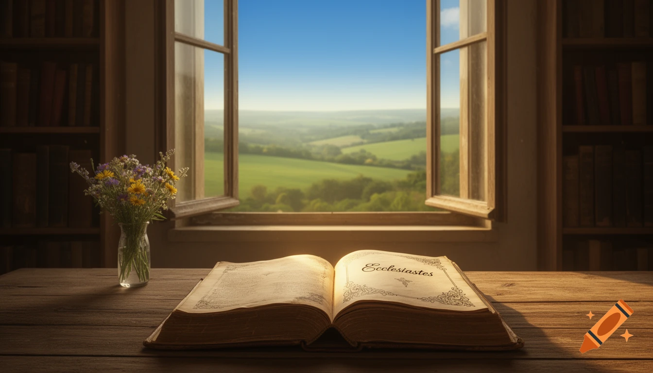 An open book titled 'Ecclesiastes' on a wooden table next to a vase of wildflowers, with an open window overlooking a serene green landscape.