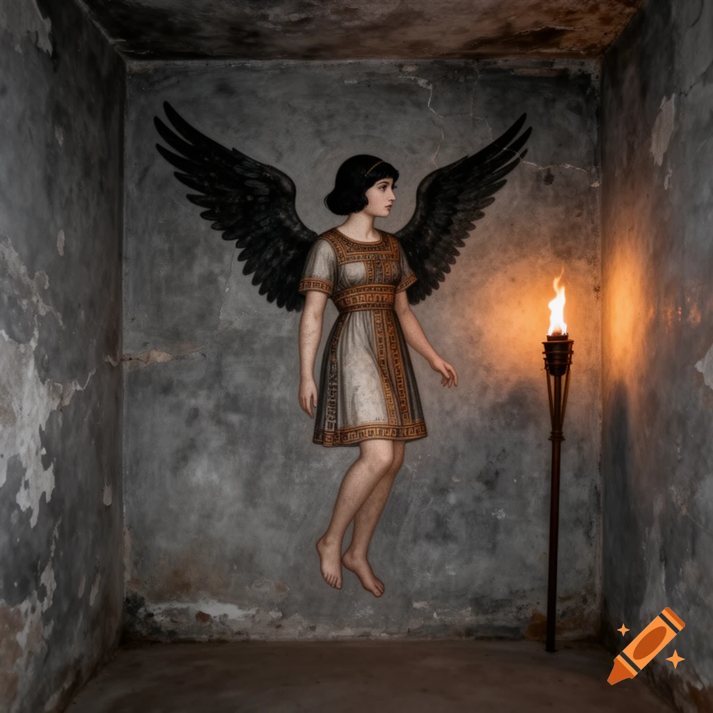 A fresco-style painting on a weathered gray wall depicts a dark-winged woman in an ancient Etruscan tunic, illuminated by a torch in a dark room.