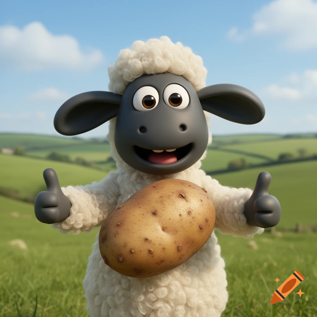 A smiling 3D animated sheep character holding a potato and giving two thumbs up in a green field under a blue sky.