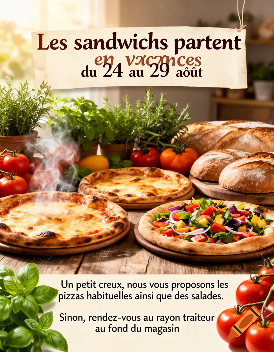 Photorealistic image of pizzas, loaves of bread, fresh herbs, and tomatoes on a wooden table, with French text advertising food specials.