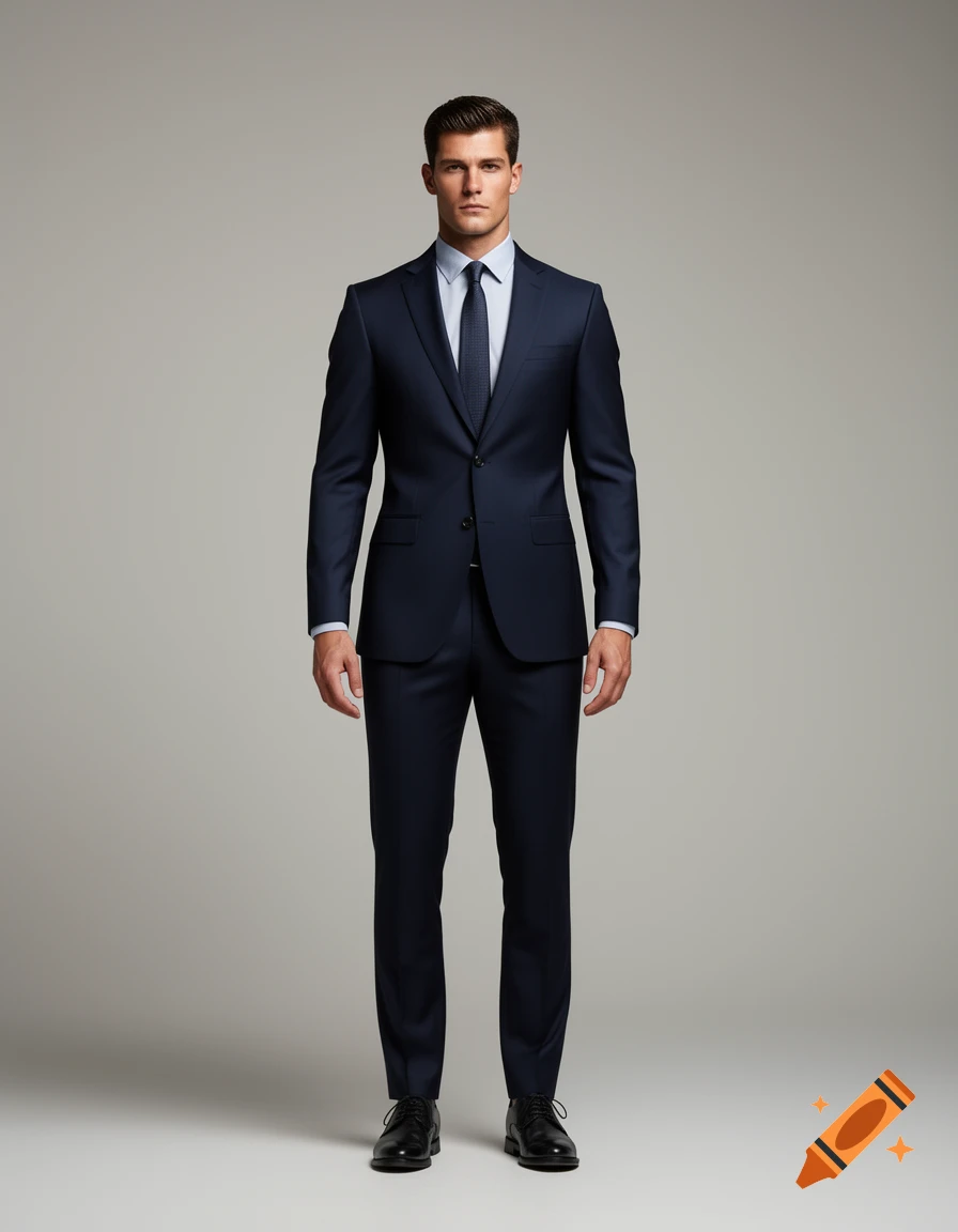 Photorealistic image of a man in a dark blue suit, light blue shirt, and dark tie, standing against a grey background.