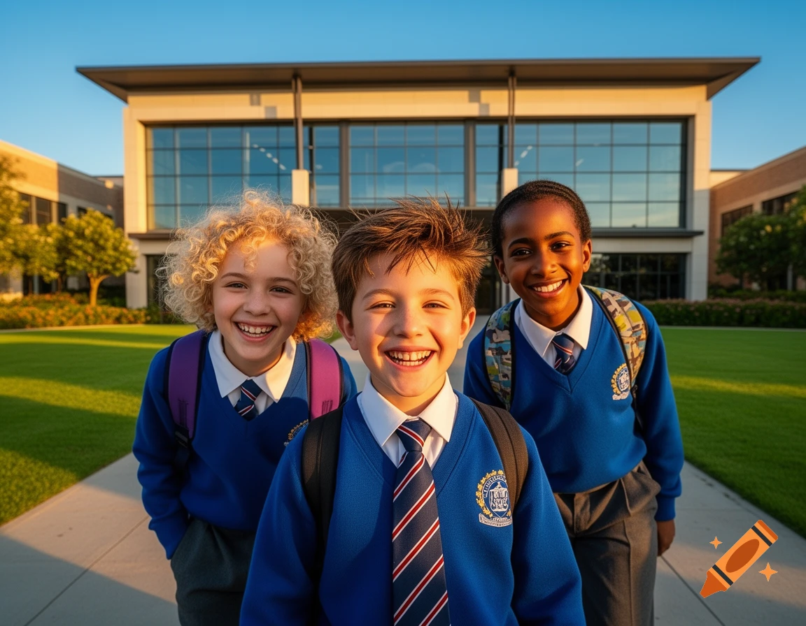 Three diverse children in blue school uniforms and backpacks smile in front of a modern building on a sunny day. Photorealistic.