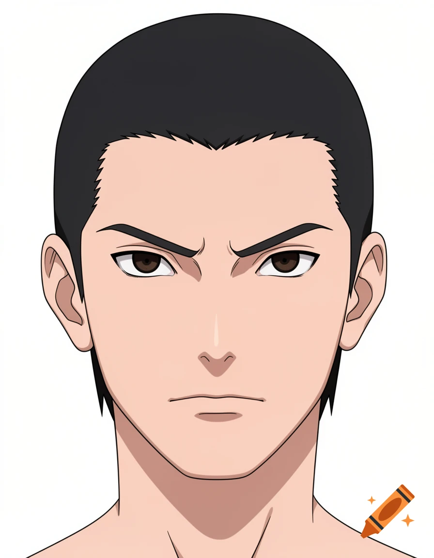 Anime style face portrait of a young man with dark hair and a serious expression against a white background.
