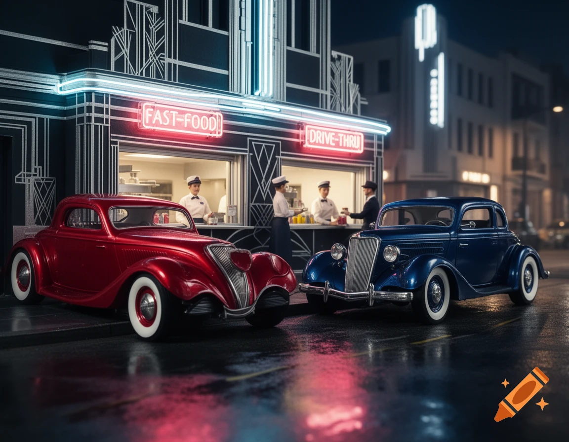 Two vintage hot rods, one red and one blue, are parked at a neon-lit art deco fast-food drive-thru at night.
