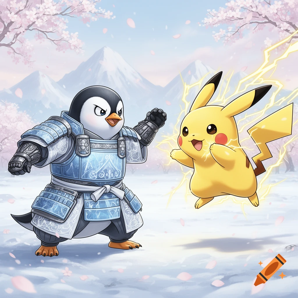 Manga style penguin in samurai armor facing off against Pikachu emitting lightning in a snowy landscape with cherry blossoms.