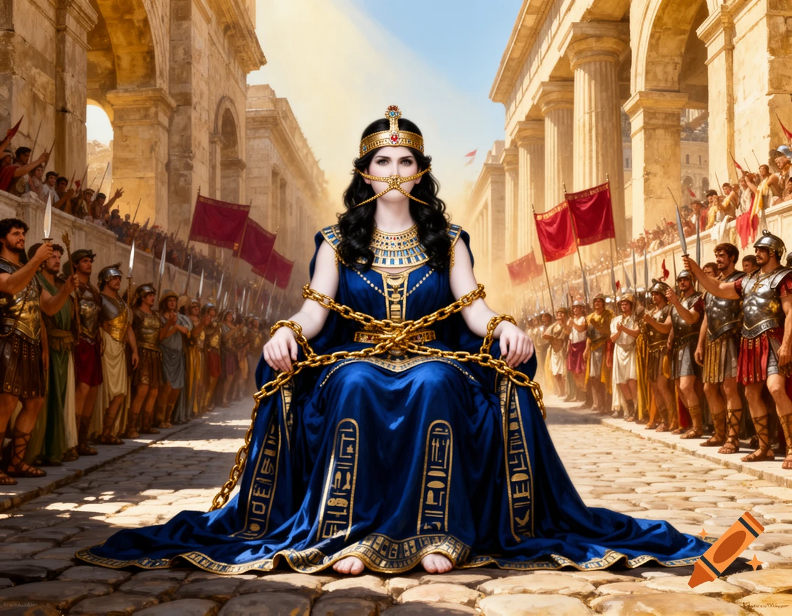 A woman resembling Cleopatra, wearing a blue and gold gown, sits bound by gold chains and a gag during a Roman triumph procession, surrounded by soldiers and cheering crowds in a classical city.