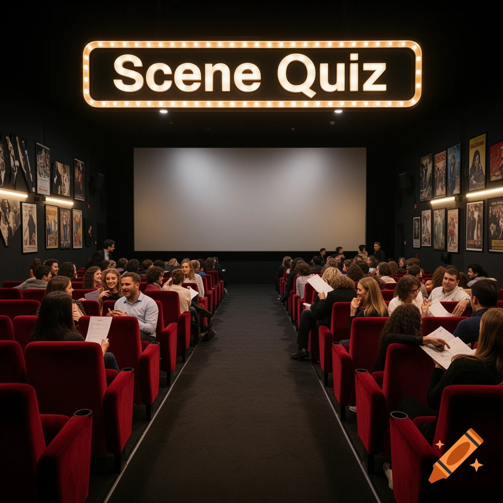 A photorealistic image of a dimly lit cinema filled with people in red seats, with a bright 'Scene Quiz' sign above the screen.