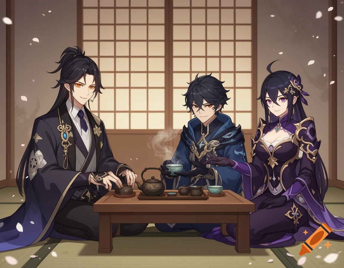 Three anime-style characters, two men and one woman, sit around a low table enjoying a tea ceremony in a traditional room.