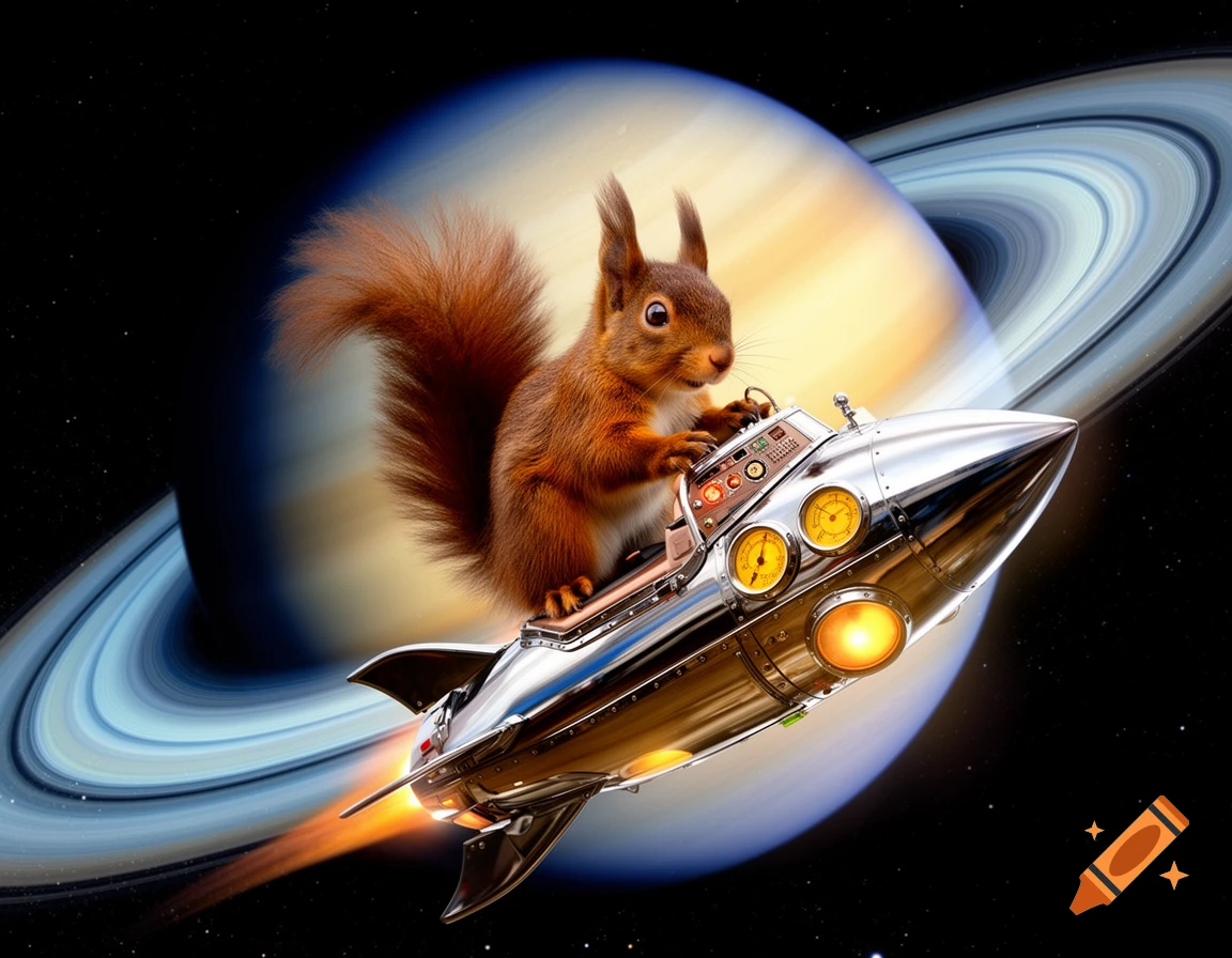 A photorealistic red squirrel pilots a chrome rocketship through space with Saturn and its rings in the background.
