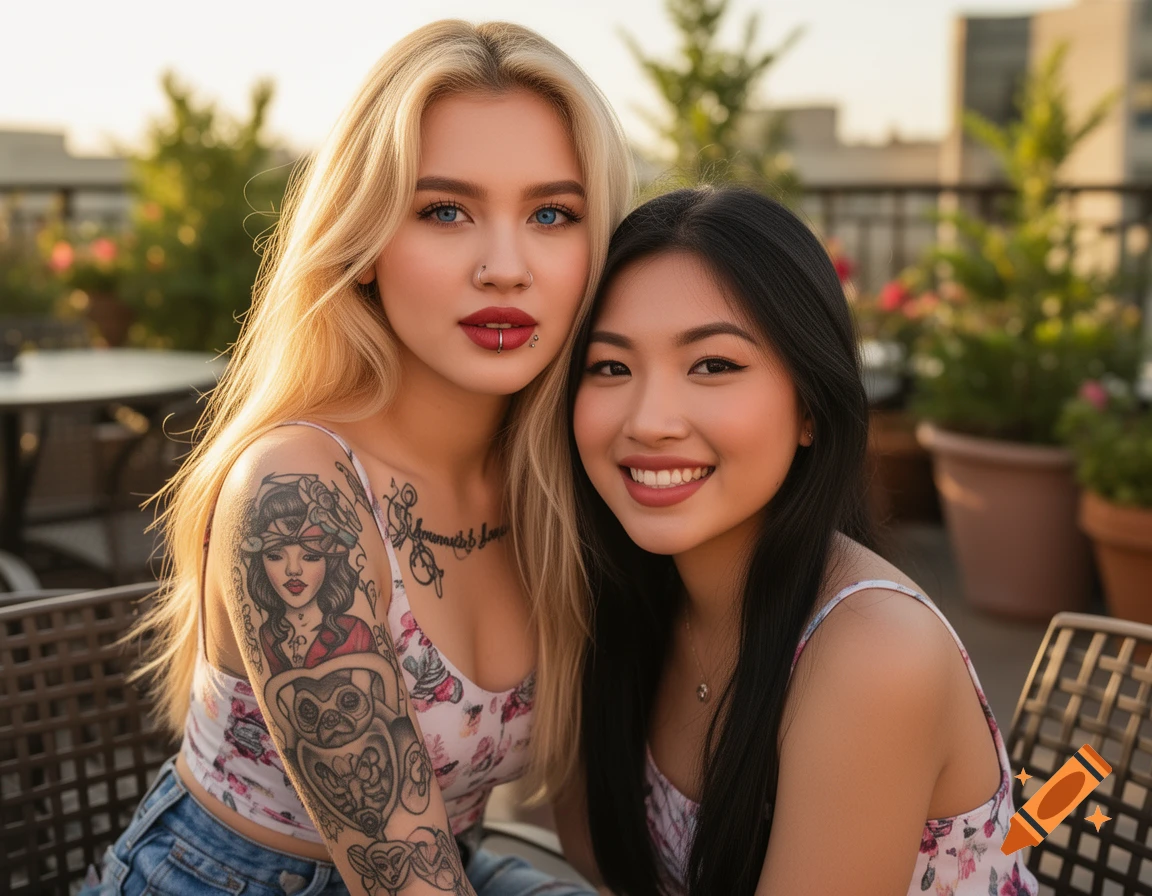 Two young women, one blonde with blue eyes and tattoos, and one with black hair, smiling on a sunny rooftop terrace.