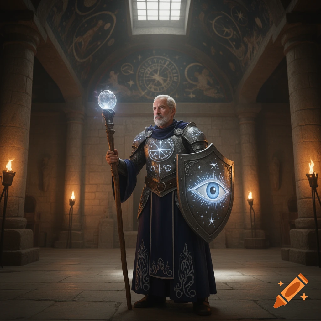 An old man in elaborate fantasy armor and a blue robe stands in an ancient hall, holding a glowing staff and an eye-emblazoned shield.