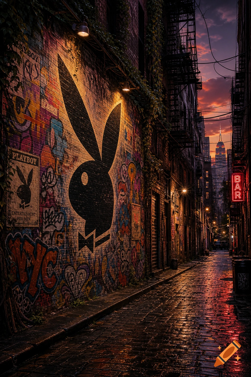 A dark, wet alleyway with colorful graffiti and a large Playboy bunny logo on a brick wall at night. The Empire State Building is visible in the distance.