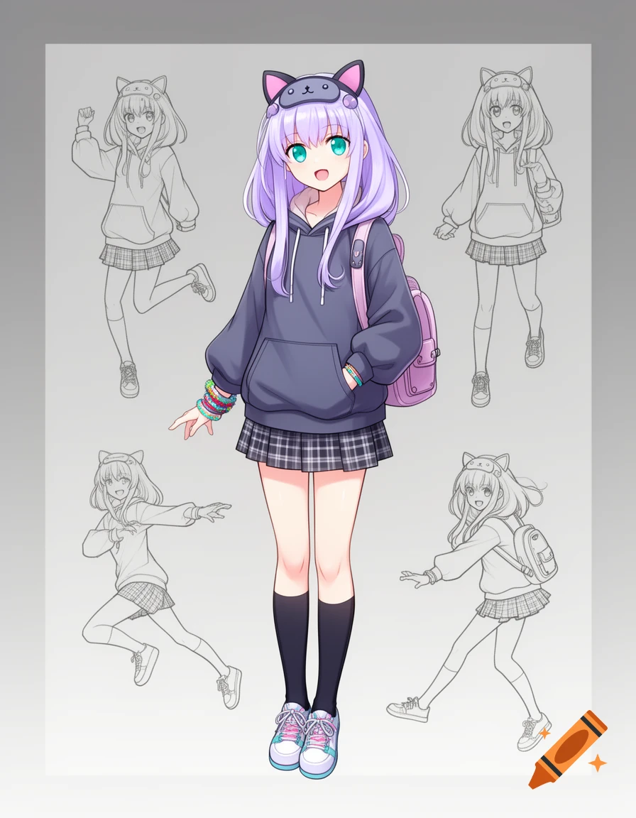 Anime character sheet featuring a girl with purple hair, a cat-ear headband, a hoodie, plaid skirt, and backpack, surrounded by line art poses.