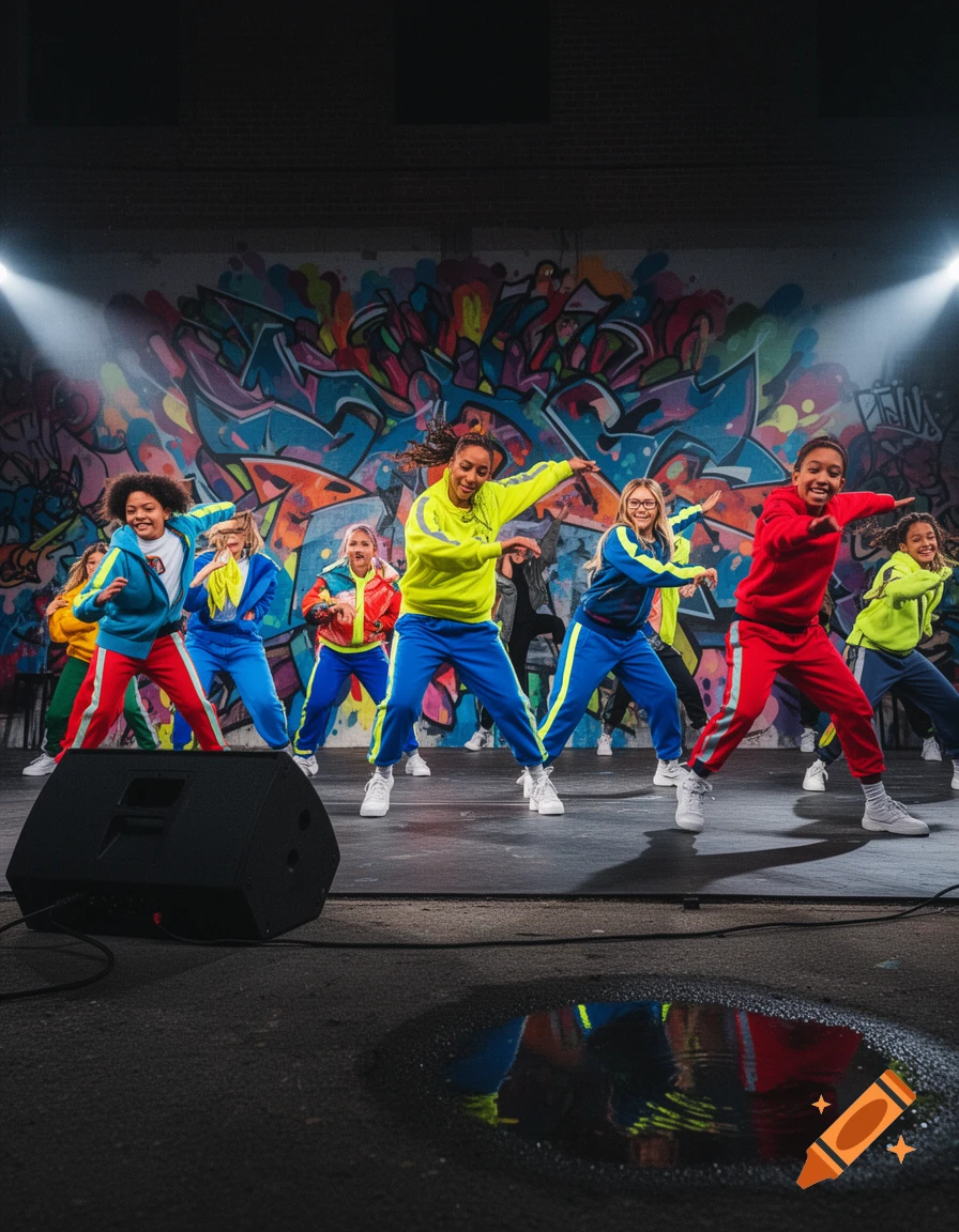 A diverse group of children in colorful athletic wear dance on a stage in front of a vibrant graffiti wall, under spotlights.