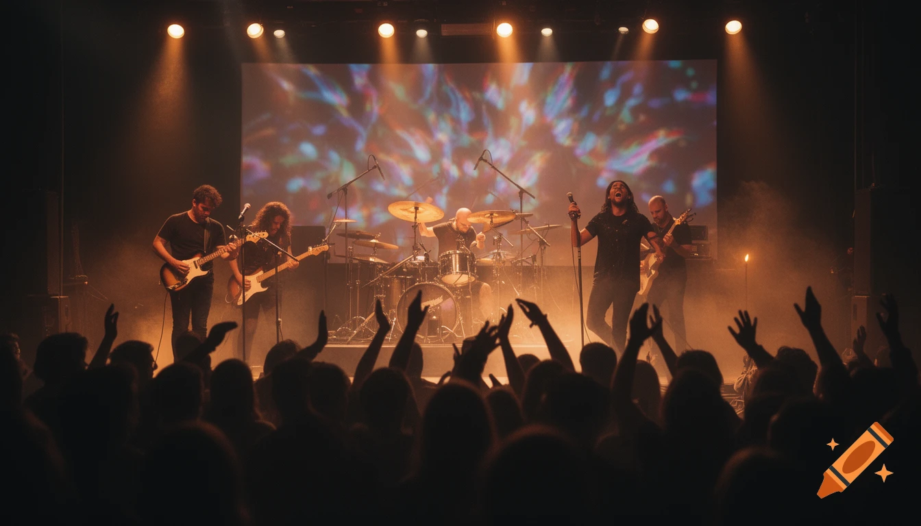 A live band performs on stage with dramatic spotlights, an abstract screen, and an audience with raised hands.