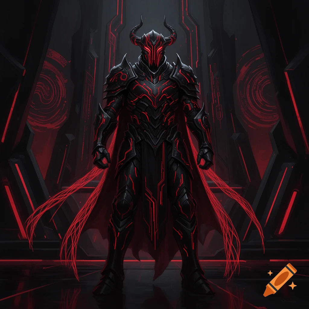 A heavily armored dark lord with a horned helmet and a cape, rendered in a black and red Tron art style.