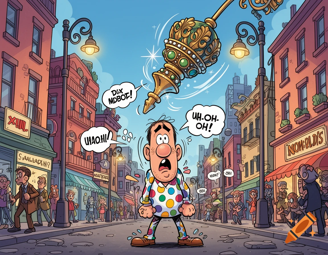 Cartoon man in a polka-dot suit looks shocked as an ornate golden finial falls on his head in a bustling city street.
