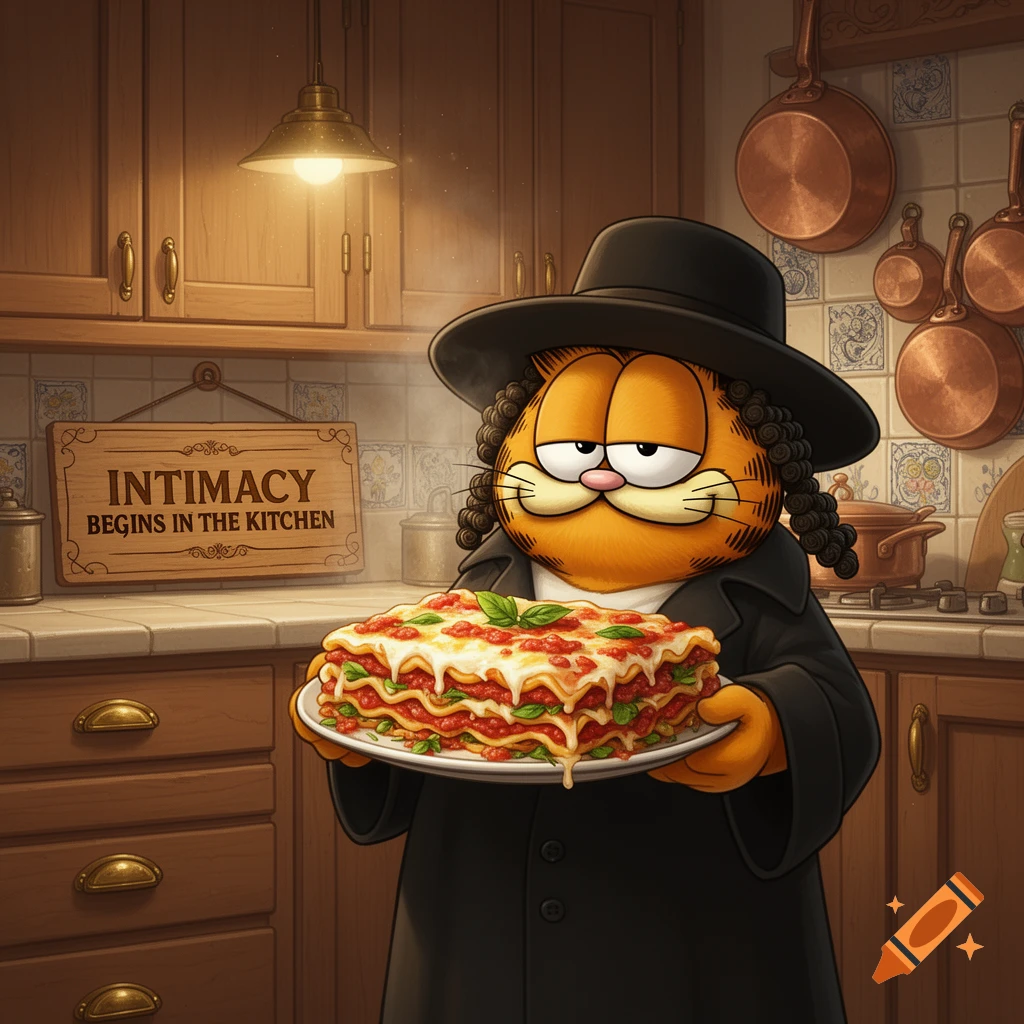 Cartoon Garfield, dressed in a black hat and coat, holds a lasagna in a kitchen with a sign reading 'Intimacy Begins in the Kitchen'.