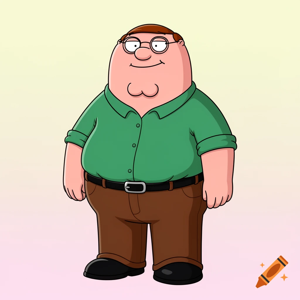 Cartoon character Peter Griffin, a stout man with glasses, wearing a green button-up shirt, brown pants, and black shoes.